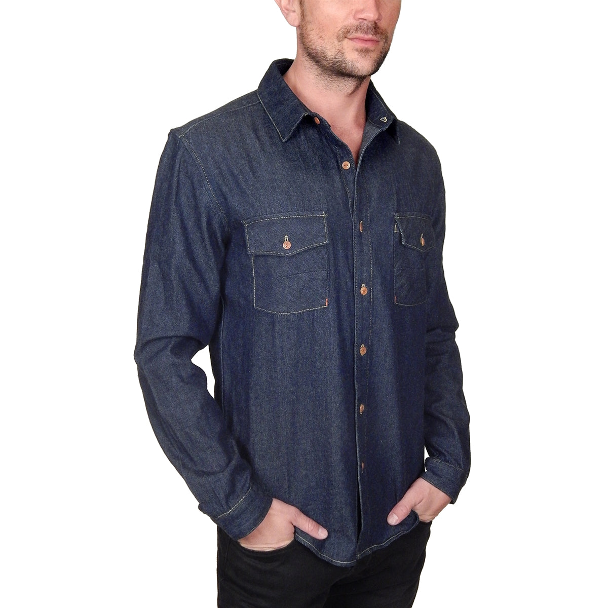 Men&#39;s PROSPECTIVE FLOW - &quot;LYON&quot; Denim Shirt in Indigo Blue