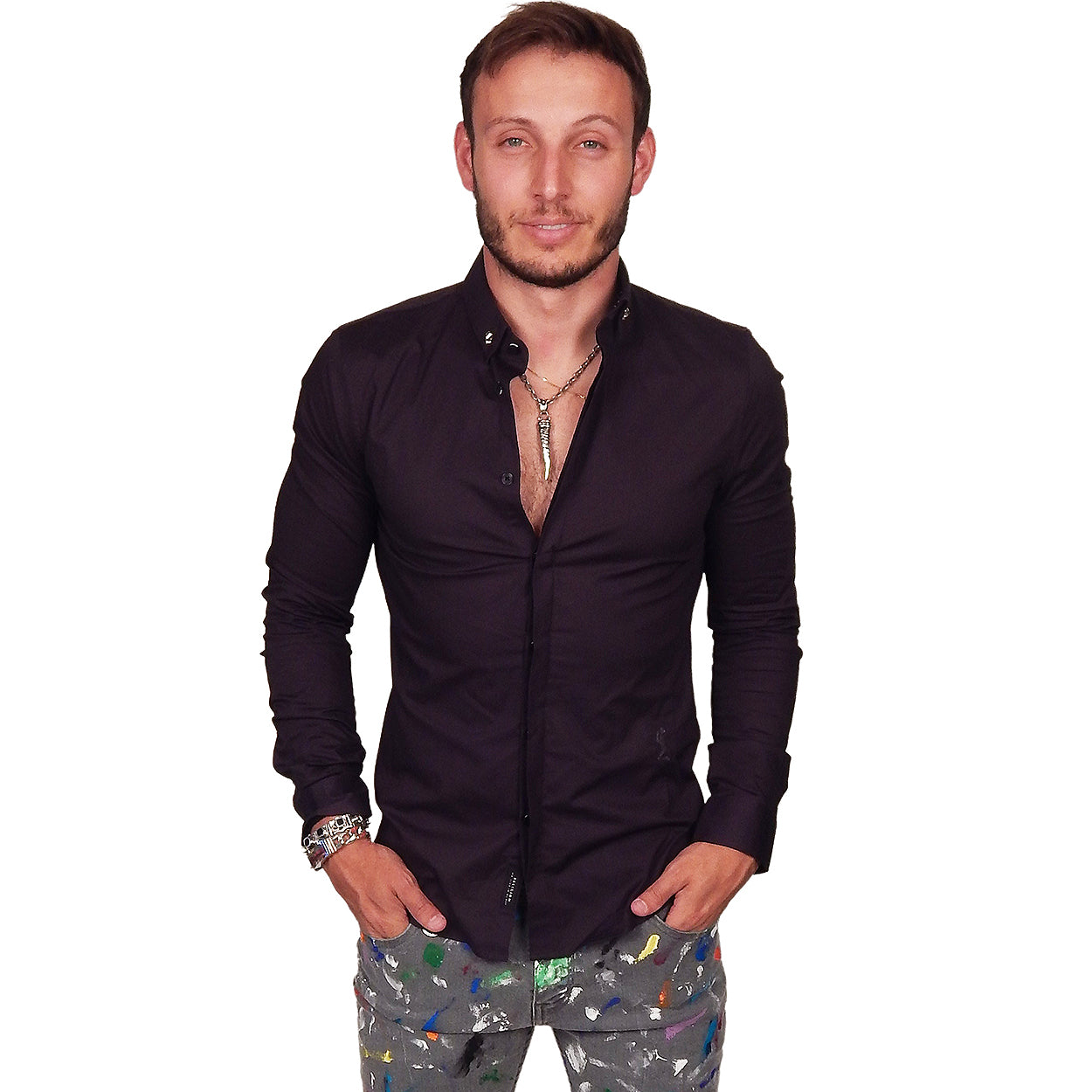 RELIGION - &quot;SKULL&quot; Button Down Shirt in Charcoal