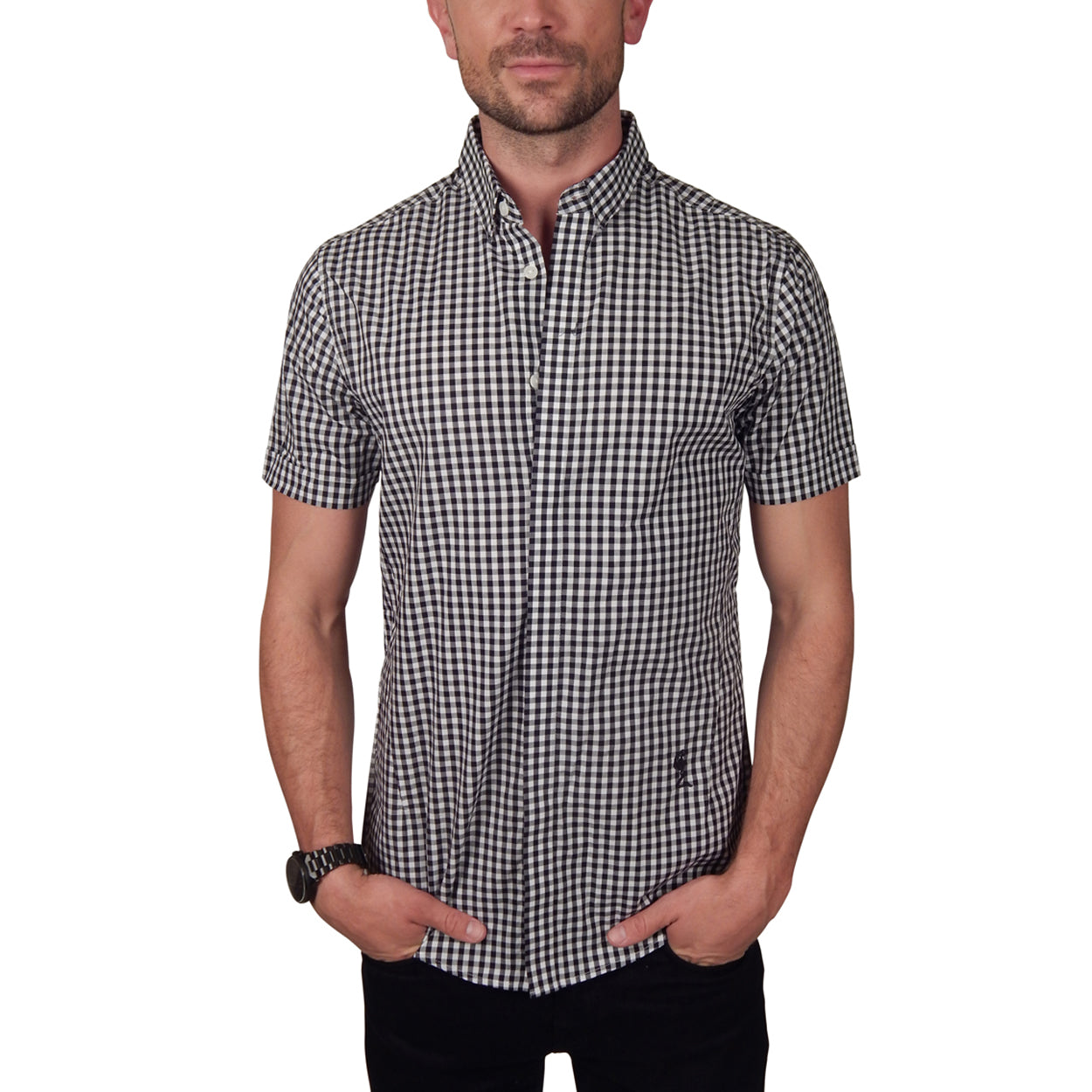 RELIGION - &quot;INSIGHT&quot; Checked Short Sleeve Shirt in Black and White