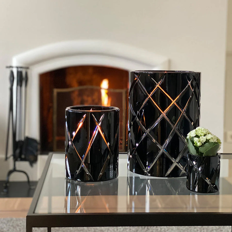 Skogsberg & Smart - "CUT CRYSTAL" Hurricane/Vase/Ice Bucket in Black - 7"H x 5.5"D