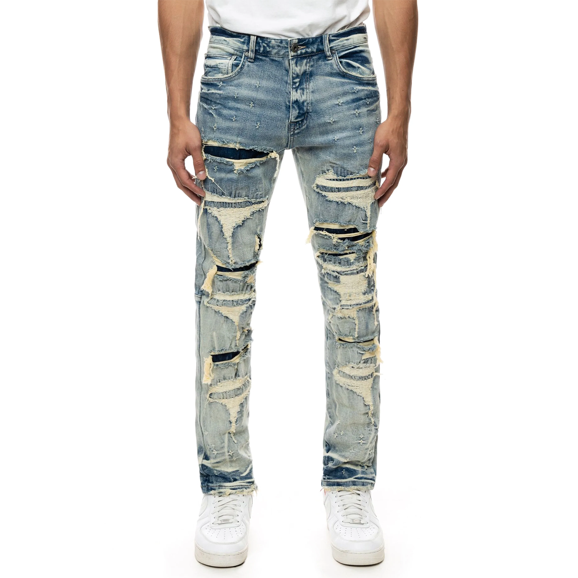 Smoke Rise - &quot;HALFORD&quot; Layered Heavy Rip &amp; Repair Jeans in Aspen Blue