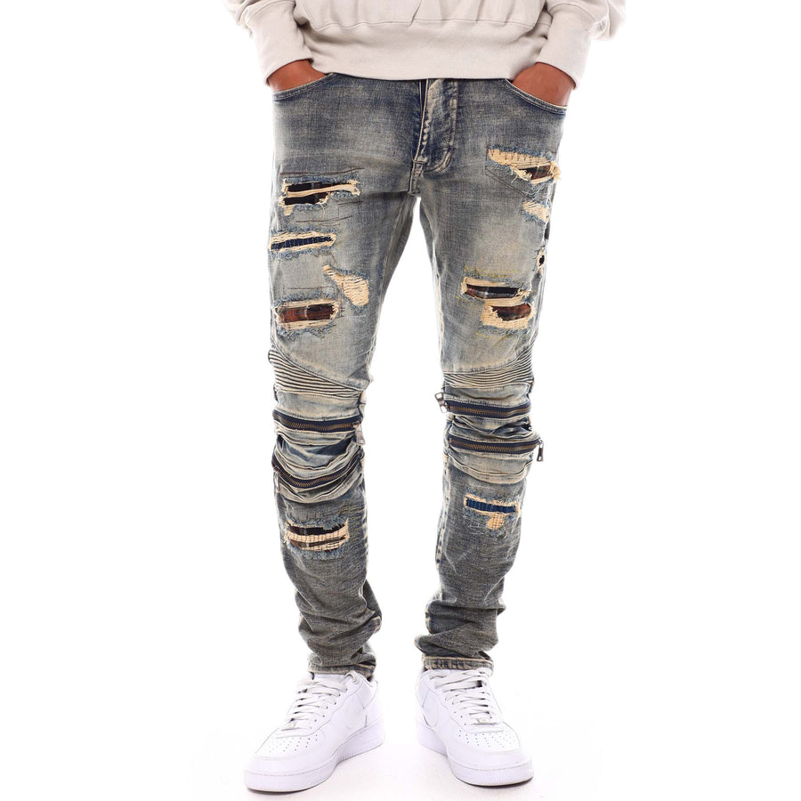Smoke Rise – Neil Plaid Backed Moto Jean in Heritage Blue