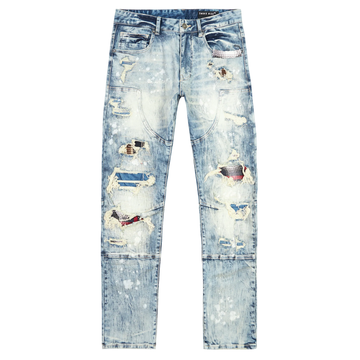 Smoke Rise - "ROLLINS" Plaid Backed Distressed Jean in Ramsey Blue