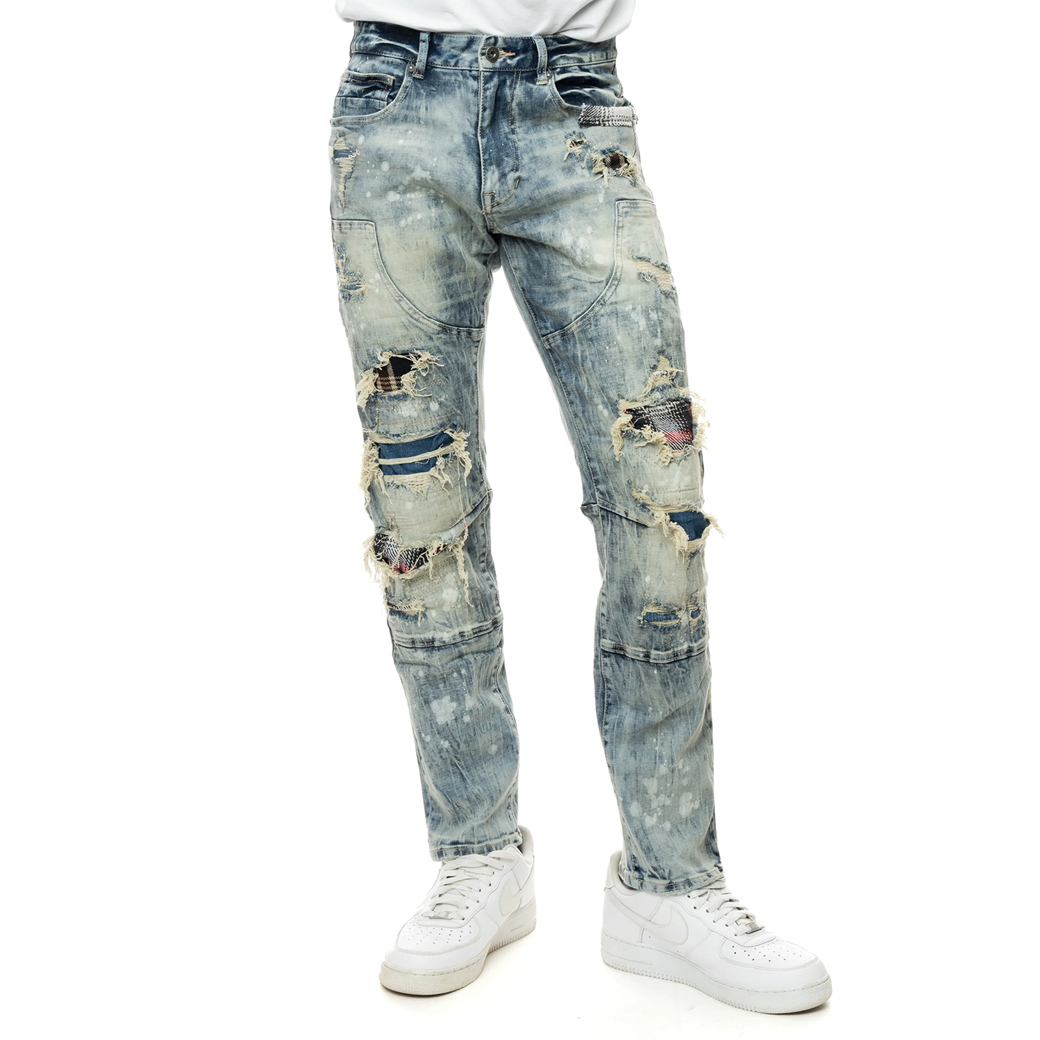 Smoke Rise - &quot;ROLLINS&quot; Plaid Backed Distressed Jean in Ramsey Blue